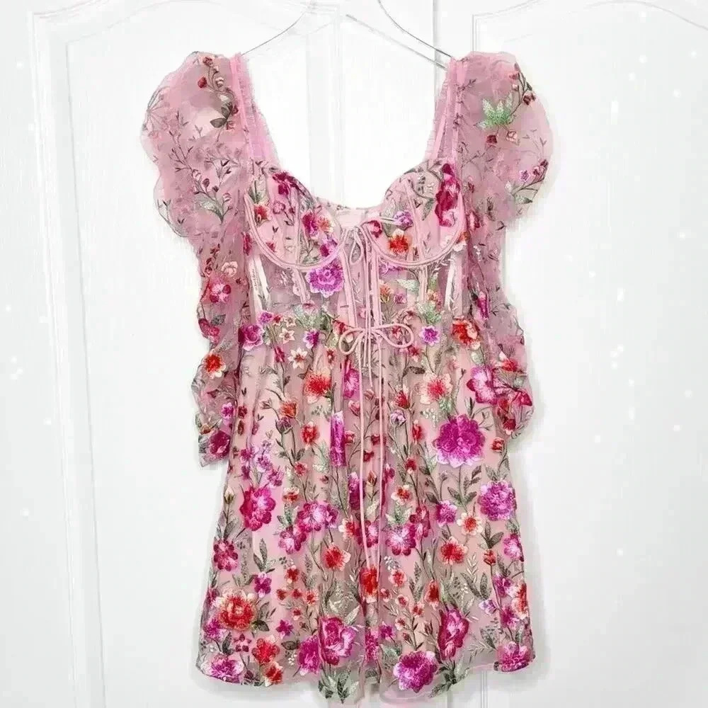 NWT For Love & Lemons Tayla Ruffle Corset Embroidered Puff Sleeve Dress Size XS - Picture 6 of 16